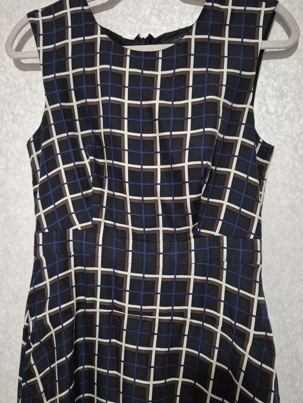 J. Crew Navy and White Windowpane Sleeveless Midi Dress...Size:4 100% Silk